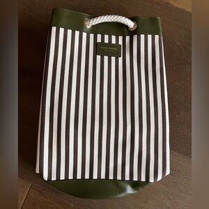 Henri Bendel Brown and Green Striped Canvas Backpack Rope Side Zip NWOT Bag